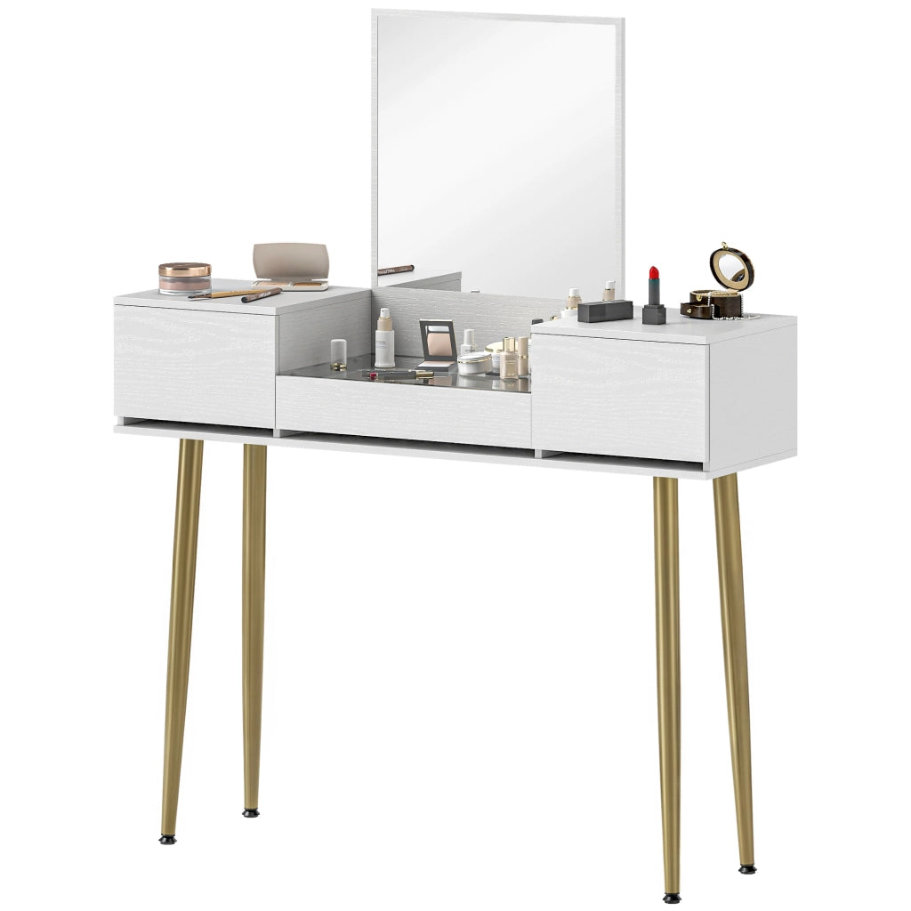 Tocador con Specchio e Cassetti ¨C zephmum ¨C 105.5x30x130.5 cm Bianco Dorato