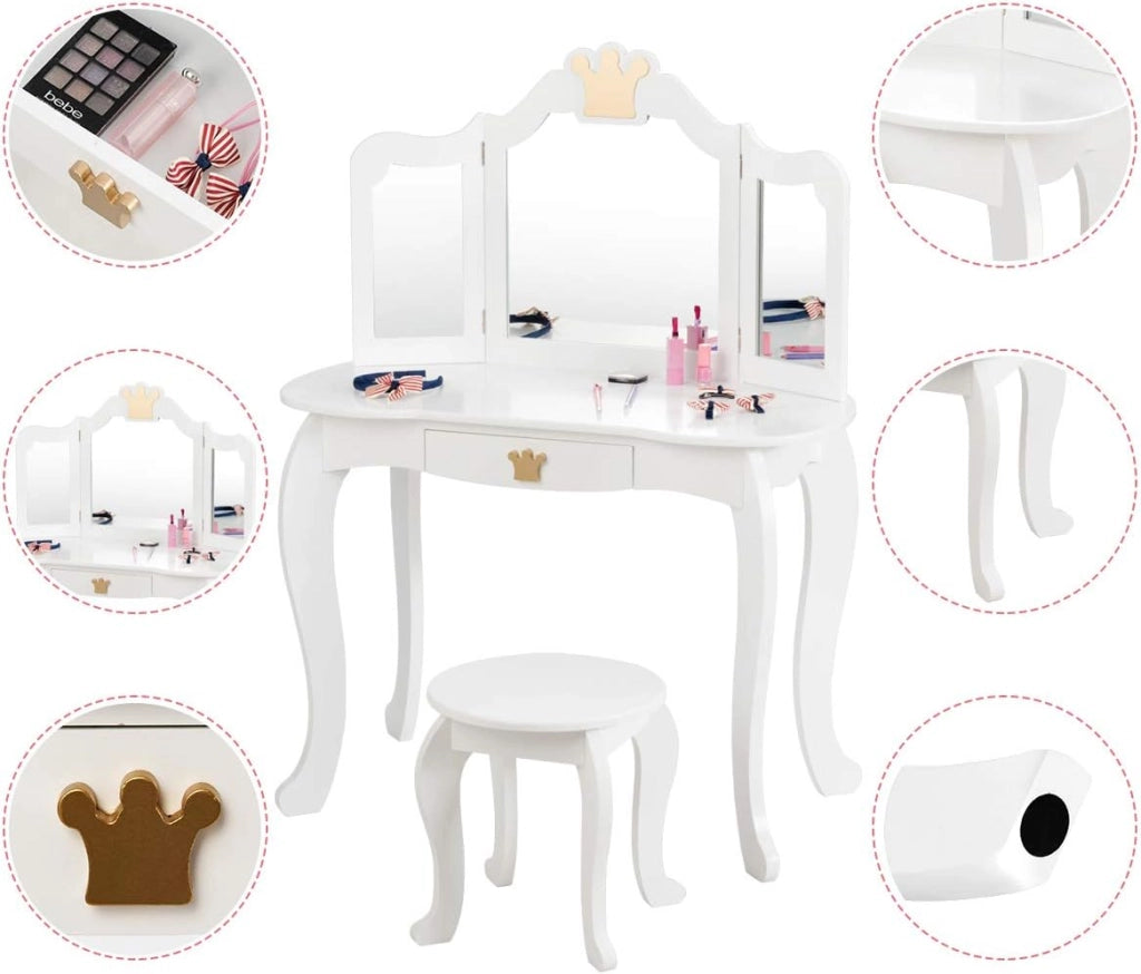 Toeletta da Trucco per Bambini, 2 in 1 Giocattolo da Trucco, Tavolo e Sgabello, con Cassetto, Specchio Rimovibile, Design Principessa, Consigliata per Ragazze 3-7 Anni, Rosa/Bianco