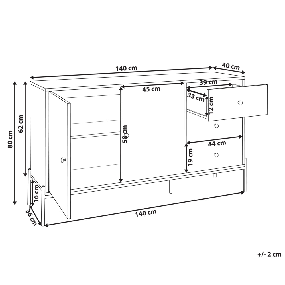 Credenza in legno chiaro con base in metallo nero con cassetti, scomparti e porte, cassettiera, soggiorno retrò