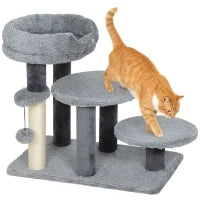 Tiragraffi e scala per gatti, base ampia, tessuto in peluche, palo graffi in sisal, grigio