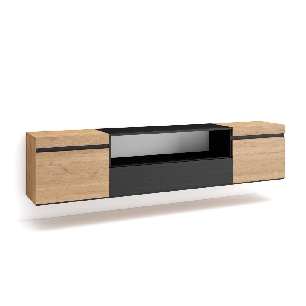Mobile TV, 200x35x45cm, soggiorno, Per TV fino a 80", da appendere, colore Rovere e nero RF2258