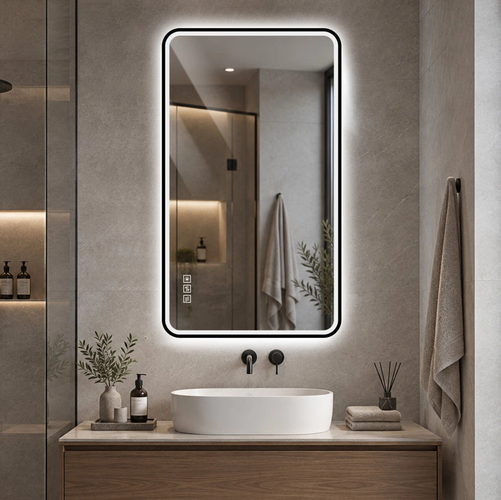 Specchio da bagno LED nero con antiappannamento e dimmer