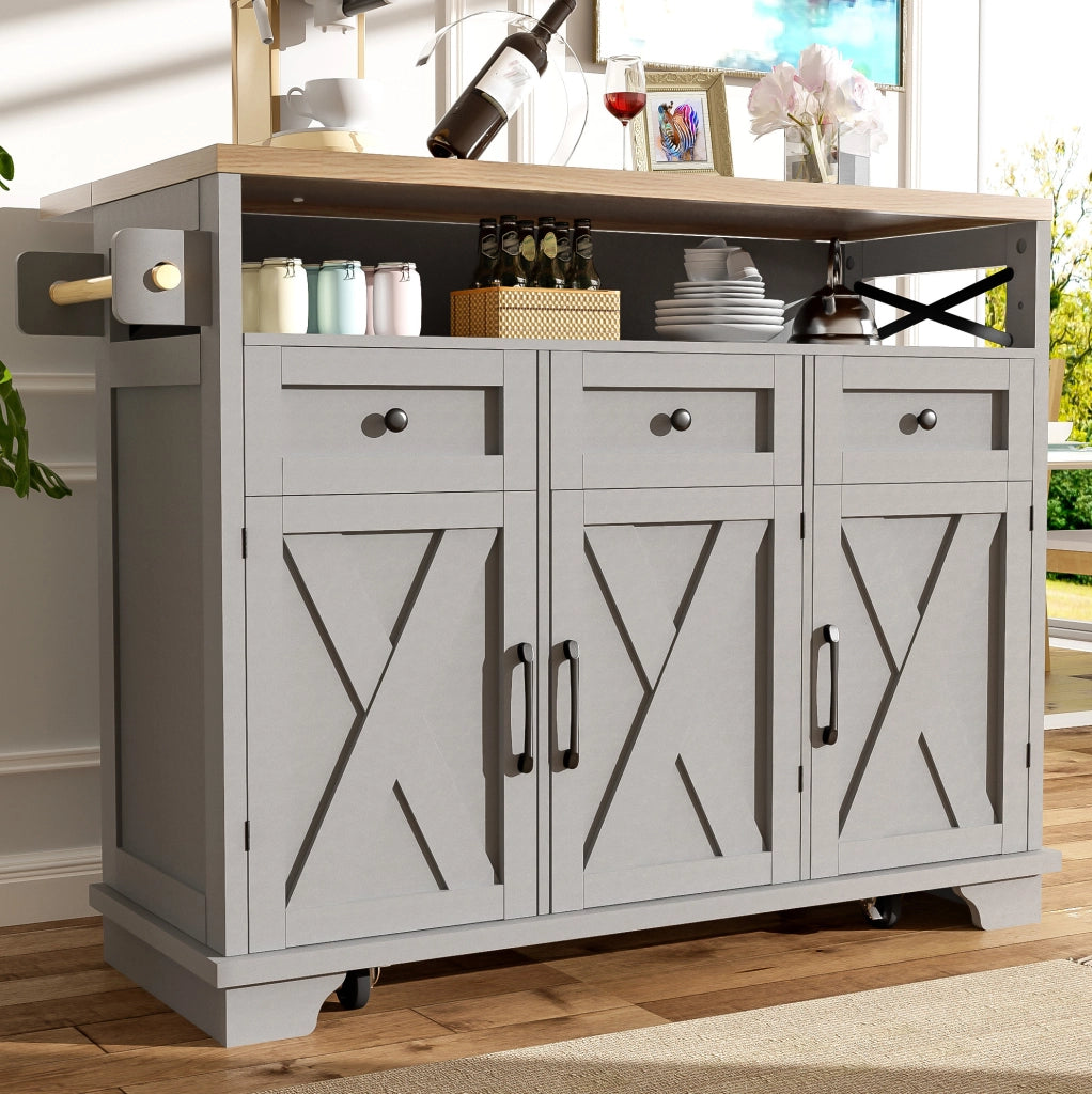 Isola cucina 118x43-80x98 cm con piano pieghevole e ruote in MDF e metallo grigio