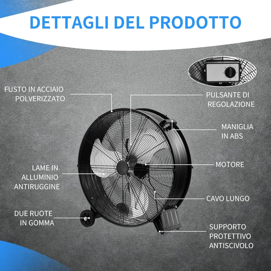 Ventilatore da Terra Industriale a 3 Velocità con Pale in Alluminio, Ventilatore a Piantana Potente ad Alta Velocità su Ruote in Gomma, 180W Max, 65x37x67 cm (Nero)