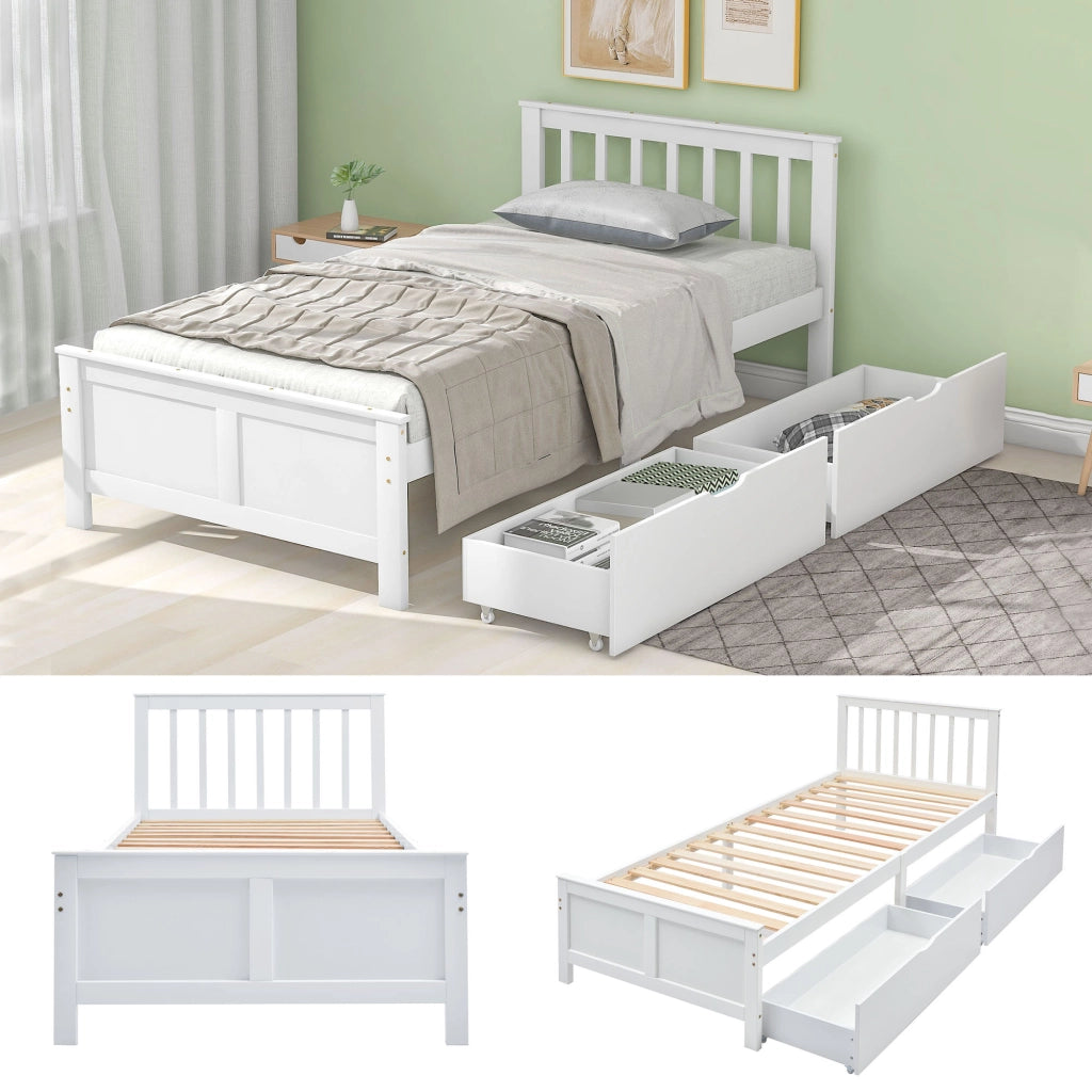 Letto con Cassetti 90x200 cm; Letto Singolo - 2 Cassetti - in Legno Massello - Bianco