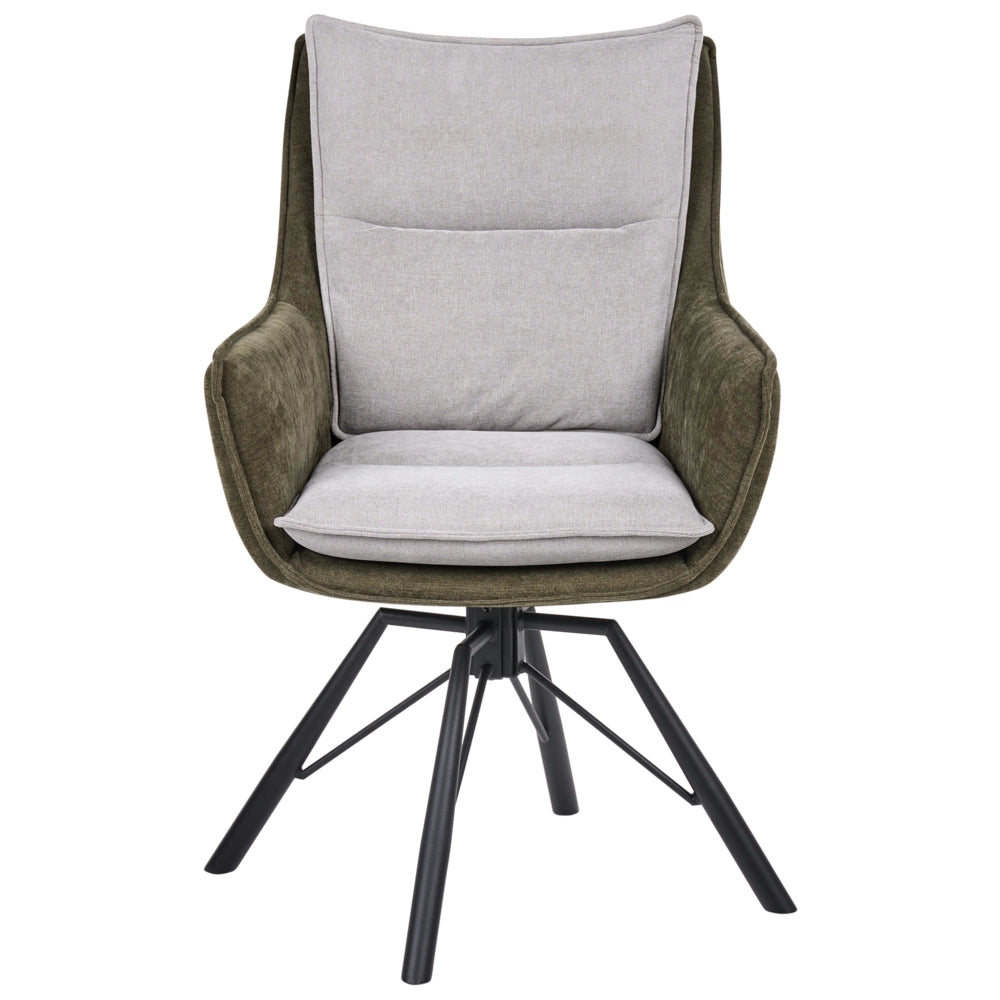 Poltrona grigio chiaro e verde scuro in ciniglia con base girevole in acciaio seduta rigida per soggiorno stile scandinavo moderno