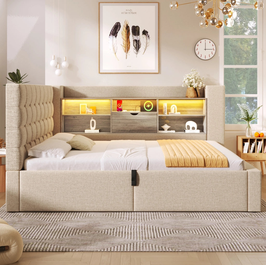 Letto imbottito 140x190 cm con LED, USB e vano contenitore