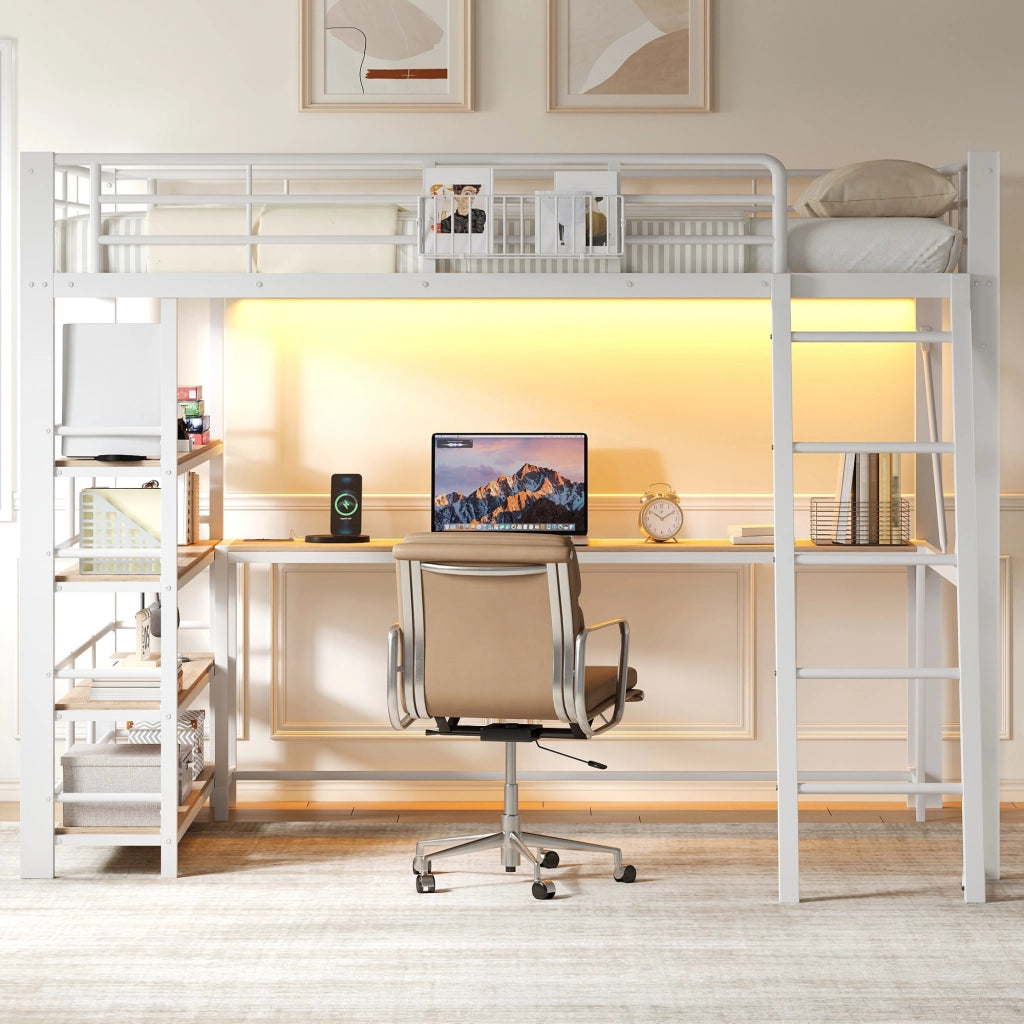 Letto a Soppalco Matrimoniale 140x200 cm; Scrivania; USB; LED e Mensole; Bianco