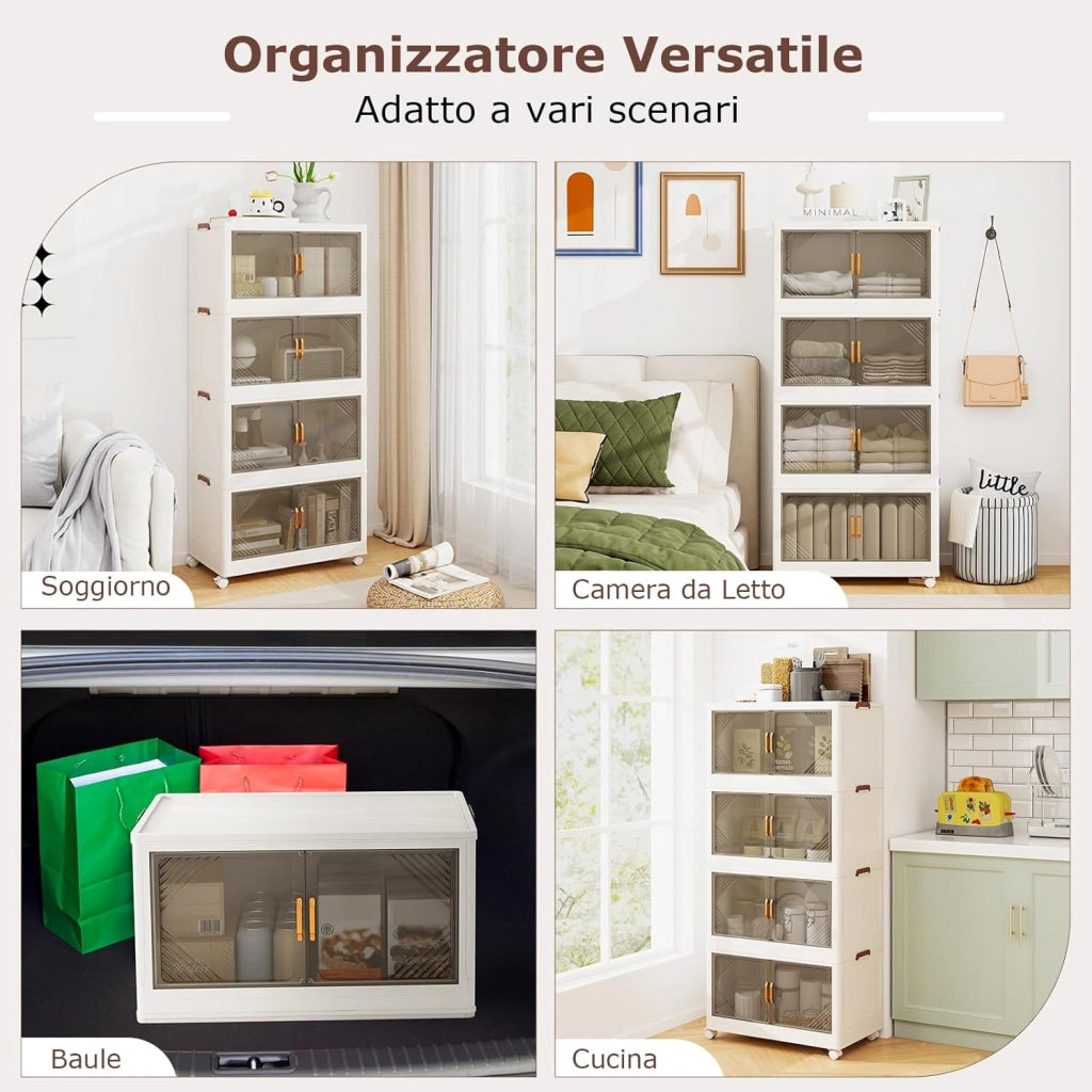 Contenitori da Stoccaggio Pieghevoli con Coperchio da 213/284 L, Scatole Impilabili a 3/4 Piani con Ruote, Organizzatore Pieghevole con Porte per Camera da Letto Soggiorno (65 x 39 x 142 cm)