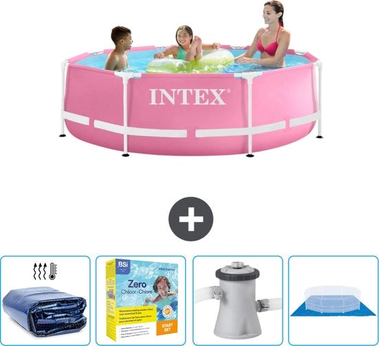 Piscina Rondica con Cornice - 244 x 76 cm - Rosa - Inclusa Tenda Solare - Kit di Manutenzione - Pompaggio Piscina - Tenda di Fondazione