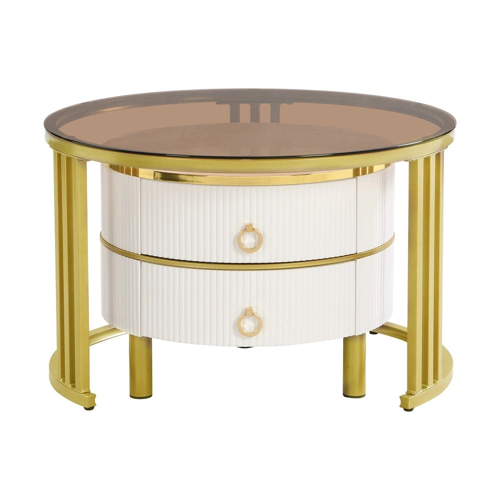Tavolino da Caff¨¨ Rotondo Set 2 Pezzi ¨C MINIMAL ¨C MDF/Vetro Temperato, Bianco/Marrone, 70x70x45 + 50x50x40 cm