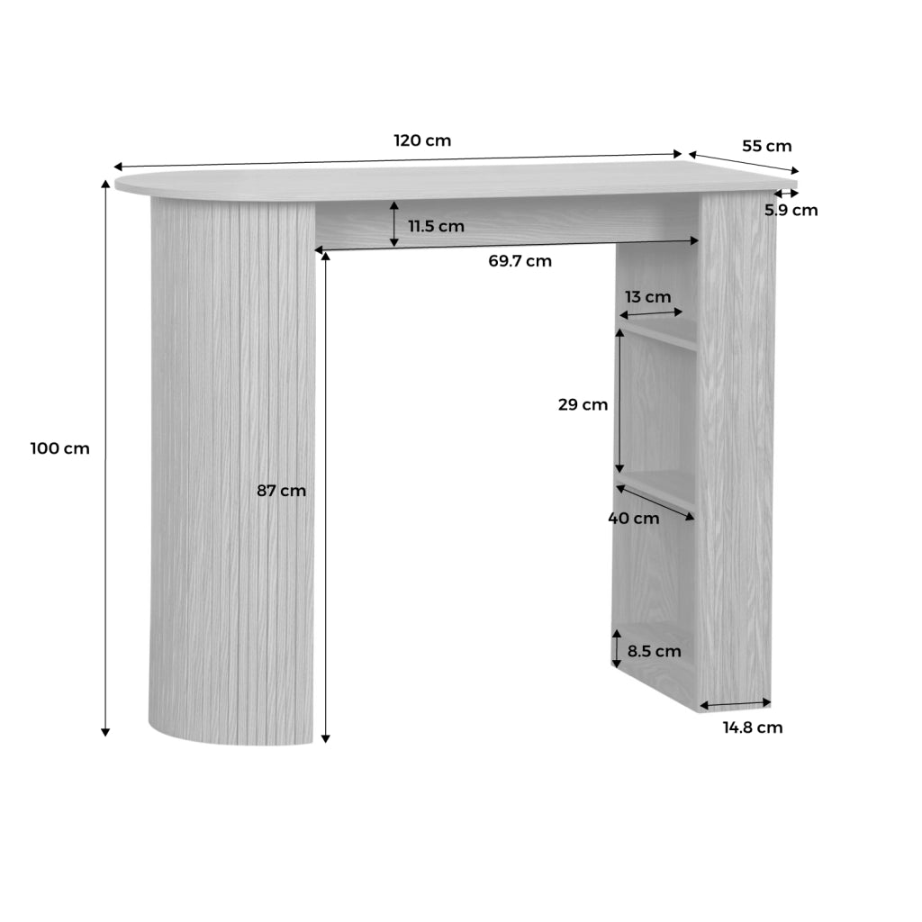 Tavolo alto da cucina decorato in legno con ripostigli, noce