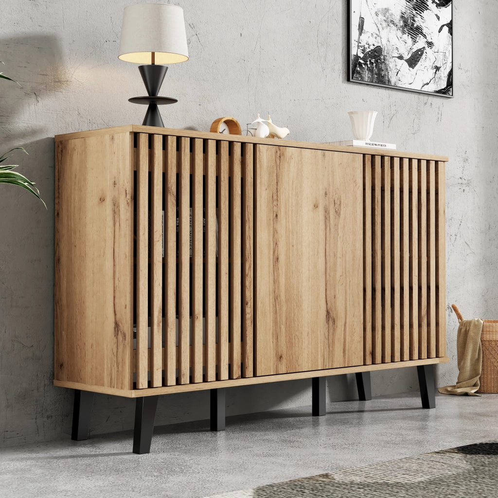 Set mobile TV e credenza in legno naturale; 180 e 150 cm; con vani e ante