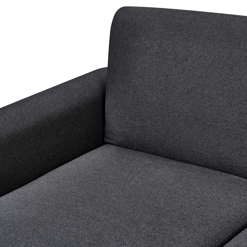 Divano letto ad angolo Rivestimento nero in tessuto poliestere Gambe in legno chiaro Cuscini Design moderno