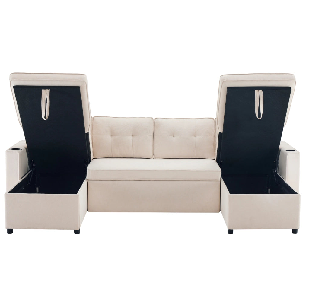 Divano letto a U 270 cm beige con contenitore e portabicchieri