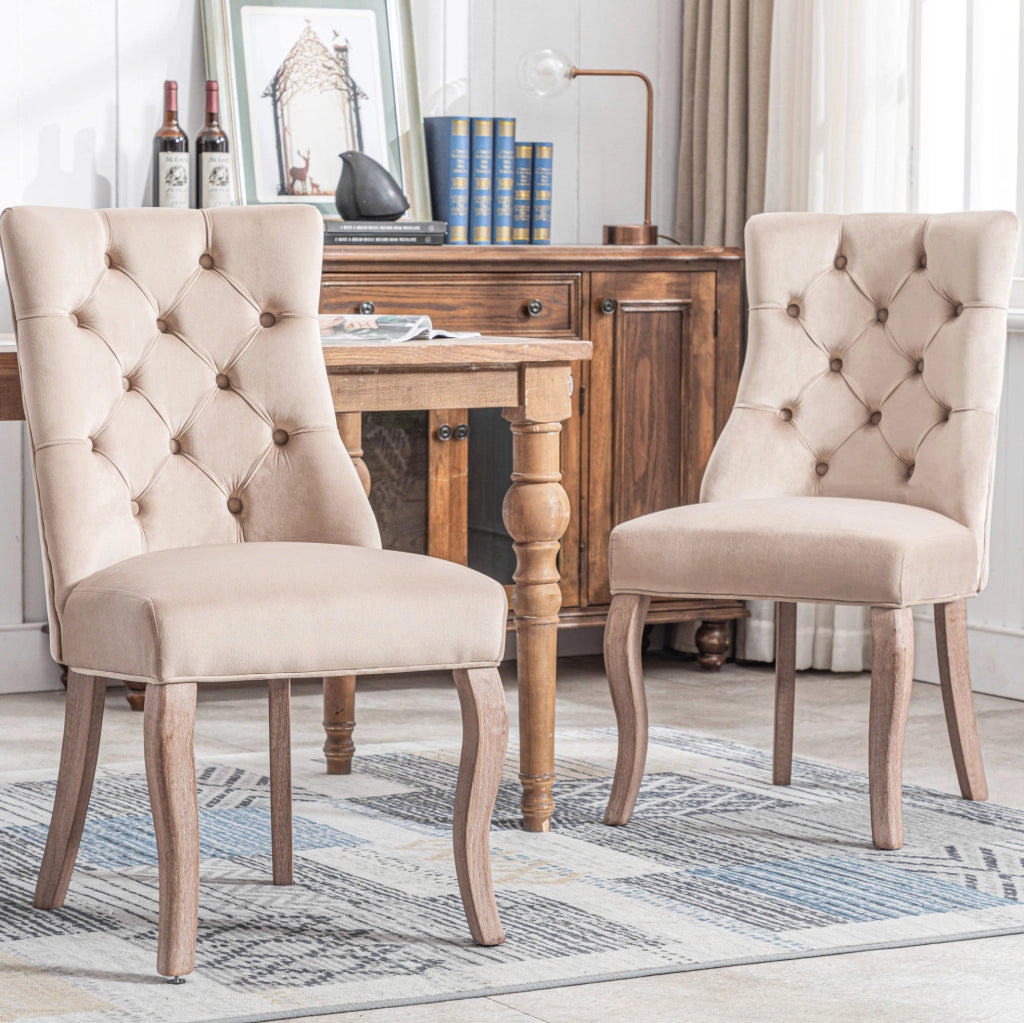 Sedia imbottita beige in velluto con schienale alto