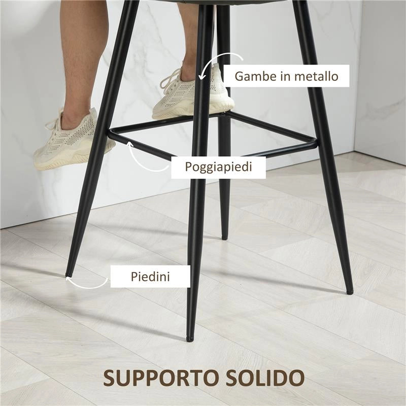 SET 2 SGABELLI DA BAR MODERNI CON POGGIAPIEDI E SCHIENALE FINTA PELLE PU E ACCIAIO GRIGIO