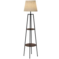 Lampada da Terra a 2 Ripiani in Metallo e MDF con Paralume in Tessuto, Ø42x166 cm, Nero e Marrone