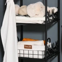 Armadio Guardaroba Appendiabiti con 5 Ripiani e 2 Tende, 84 x 42 x 158.5cm, in Metallo Nero con Decori a Fiori