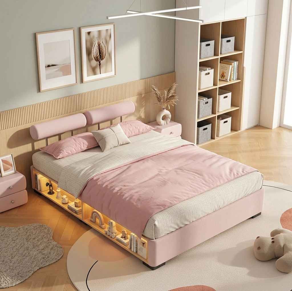 Letto imbottito per bambini rosa 140x200 cm con LED e ripiano