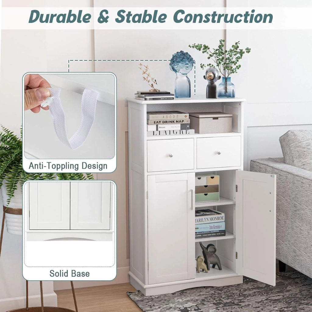 Armadietto da Bagno in MDF con Ripiani Regolabili, Mobiletto da Terra con 2 Ante e 2 Cassetti, Armadio Multifunzionale per Bagno, Soggiorno, Cucina, Bianco 60 x 30 x 108 cm (Bianco)