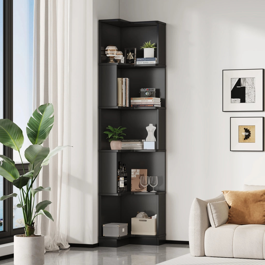 Libreria angolare con LED controllabile via app, 5 ripiani, per studio e ufficio, in MDF, nero, 63,5 × 45 × 175 cm