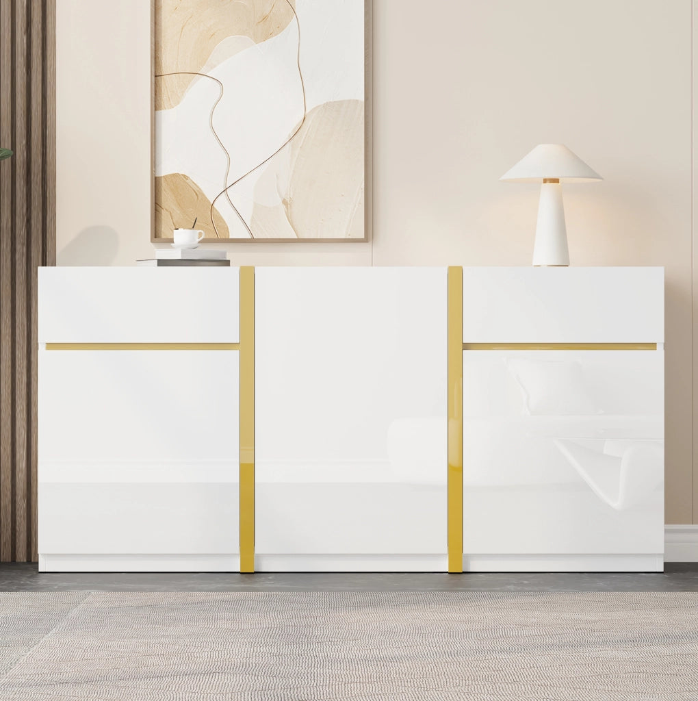 Credenza sideboard 160x40x78 cm bianca lucida con 3 ante e 2 cassetti HOMVRA