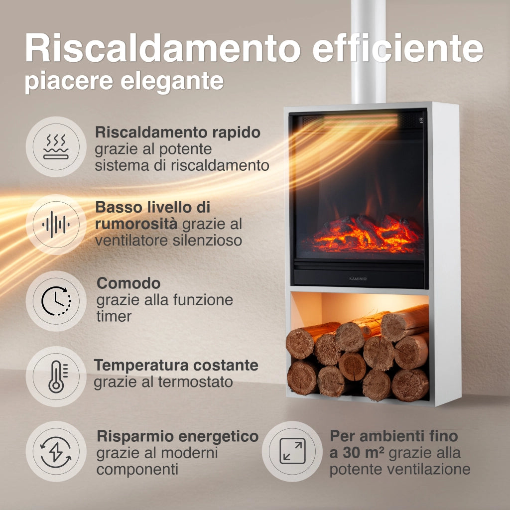 KAMINIO Camino elettrico HUGO con tubo del camino - Stufa elettrica riscaldamento, fiamma 3D, luce ambiente, scomparto de legno, telecomando - Bianco
