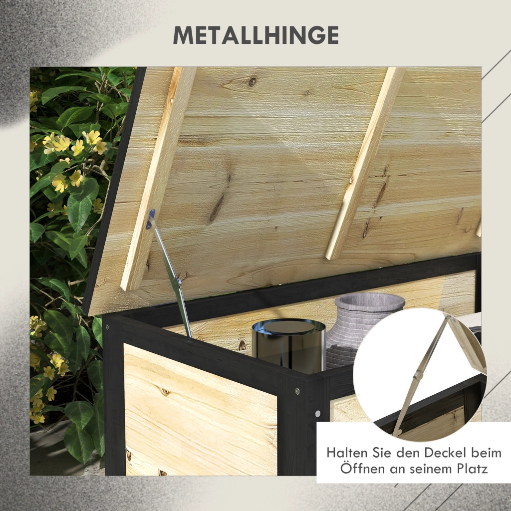 Mobile contenitore da esterno con coperchio e 2 ruote; in legno; per balcone e terrazza; 100×50×43 cm