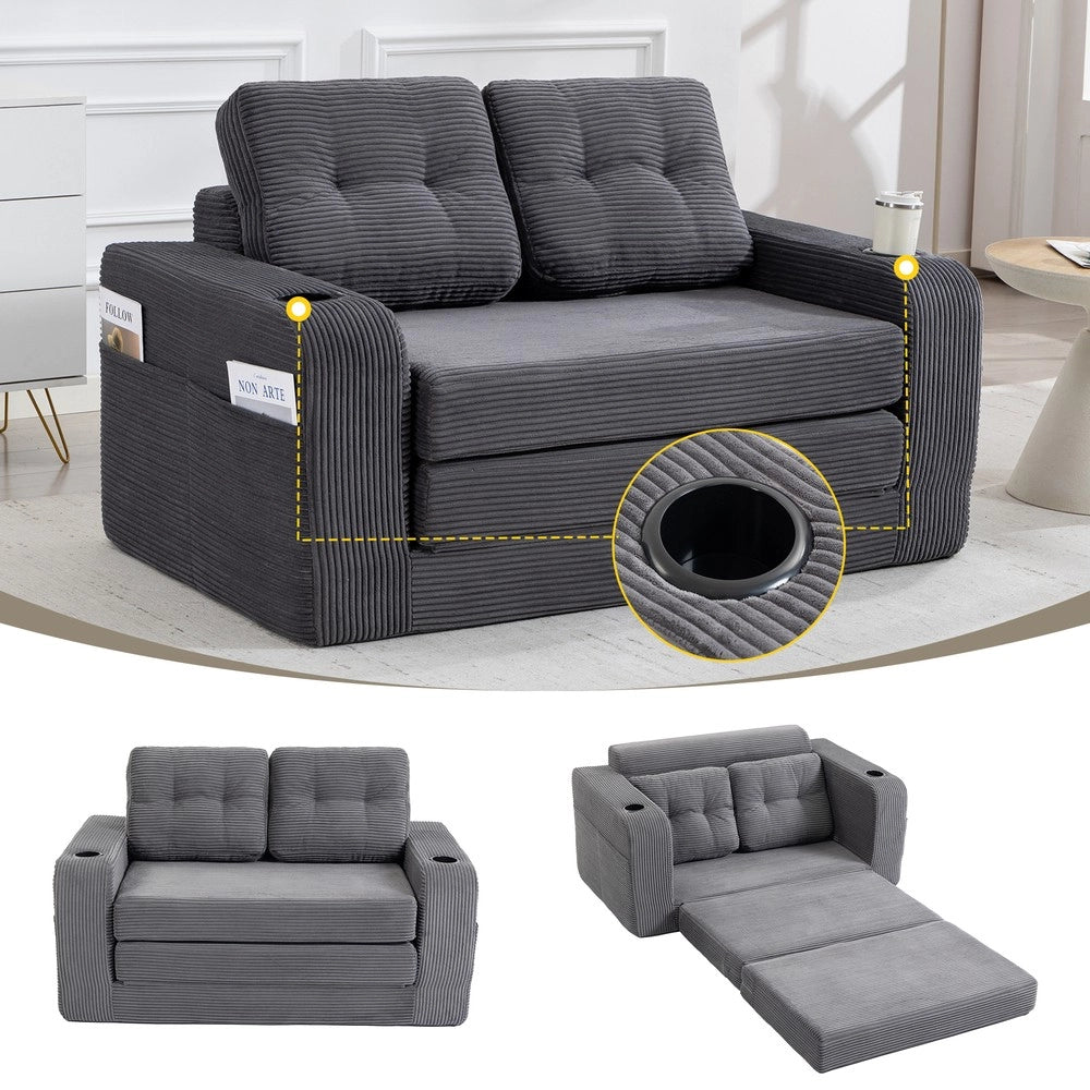 Divano 2 Posti in Tessuto a Coste con Cuscini Trapuntati e Tasche Laterali ¨C MINIMAL ¨C Grigio