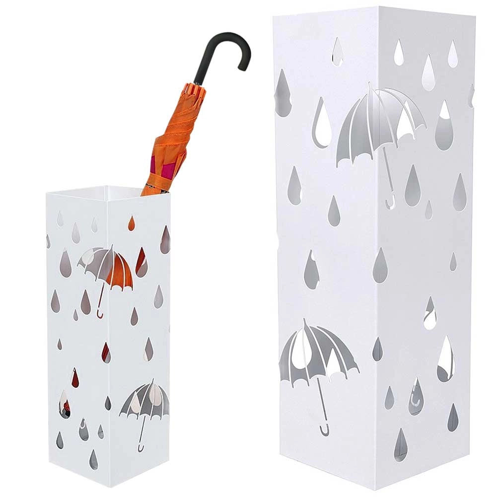 Portaombrelli in Metallo Design Quadrato Stand Bianco Vaschetta Salvagoccia