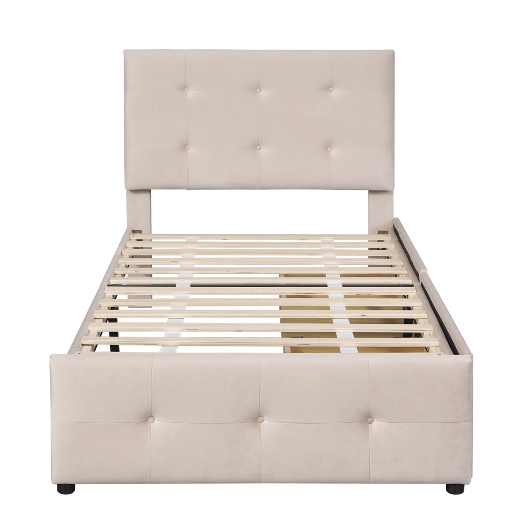 Letto imbottito in velluto con 2 cassetti, 90x200 cm, beige scuro