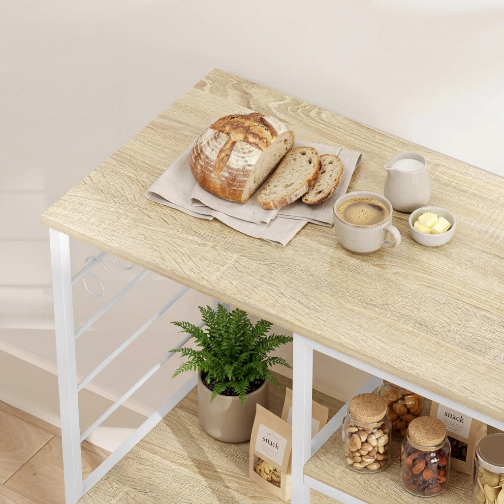 Scaffale da Cucina 90x39x83,5 cm con Ripiani con 5 Ganci Salvaspazio in Legno e Metallo Rovere