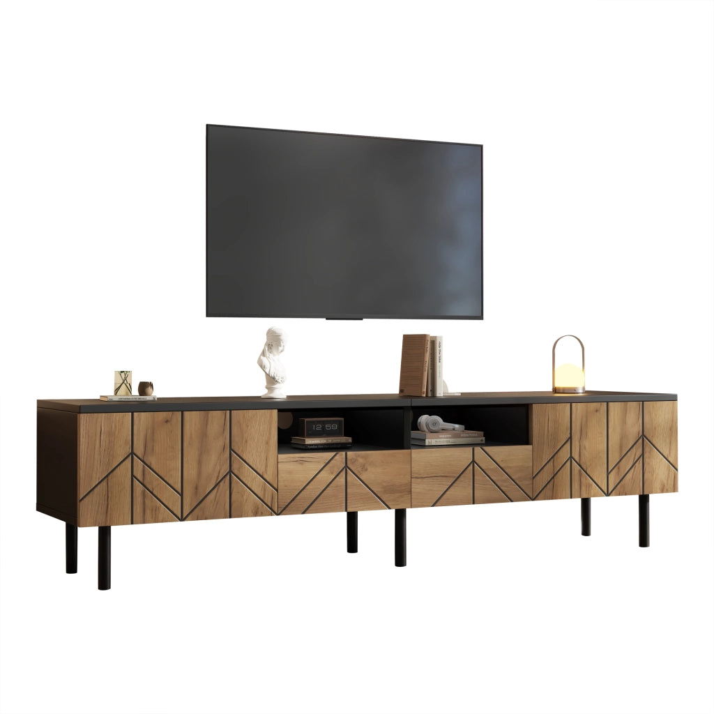 Mobile TV moderno 180x40x45 cm con 2 cassetti e 2 ante, in pannello truciolare, nero e effetto legno, portata fino a 75 kg