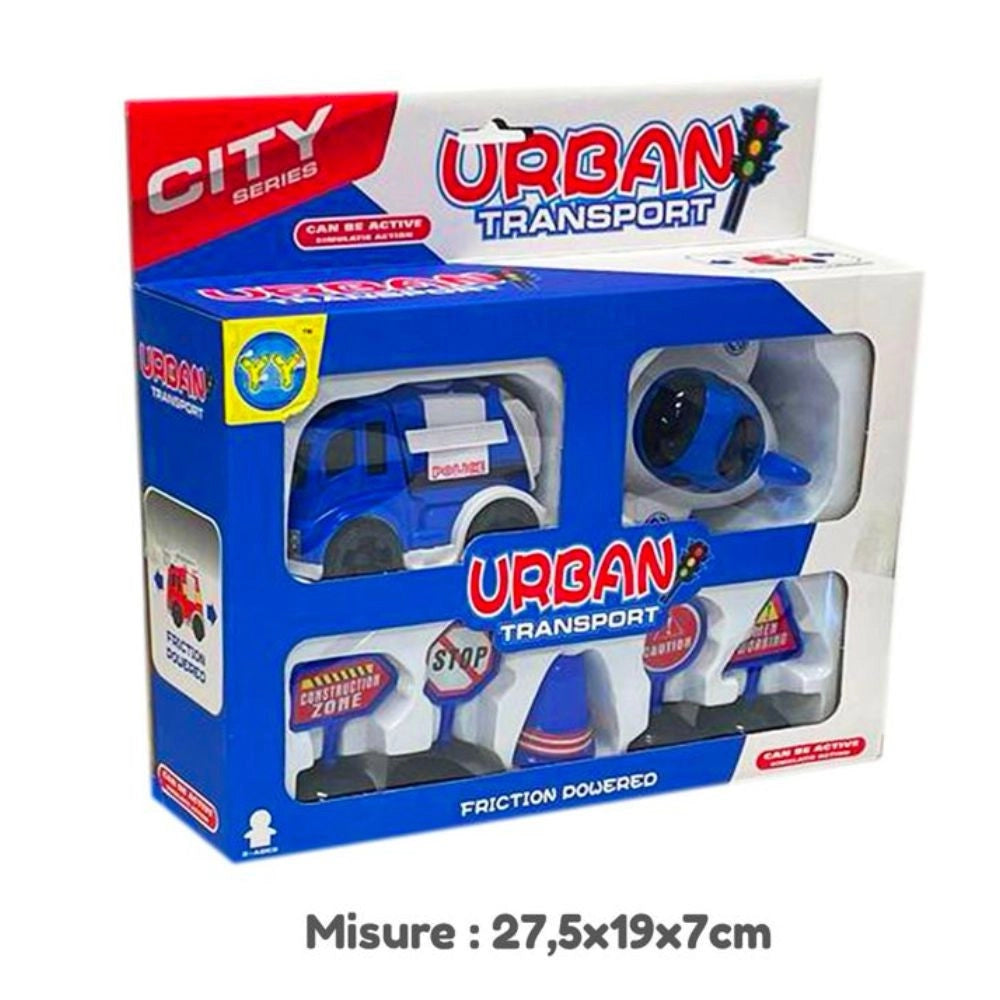 Trade Shop - Playset Gioco Trasporto Urbano Vita In Città Polizia Veicoli Segnali Stradale -