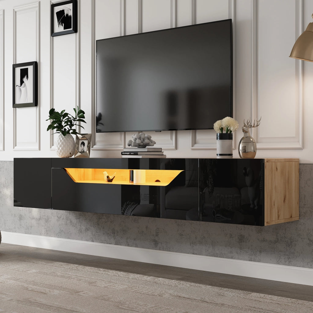 Mobile TV Sospeso con 2 Ante 1 Ribalta e LED per Soggiorno in Pannelli Nero e Legno Naturale 180 x 37 x 36 cm