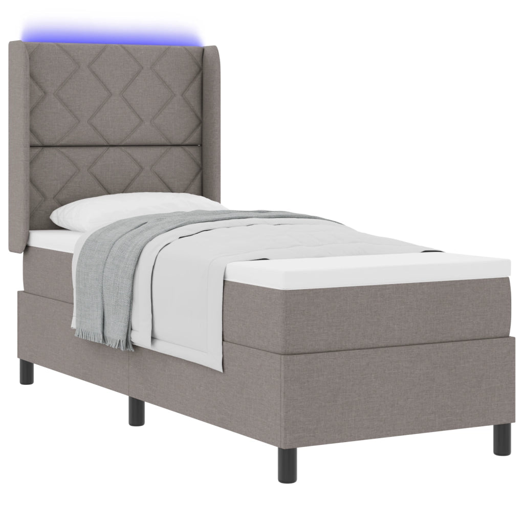 Letto Box Spring  con Materasso e LED in Tortora, 80x200 cm Tessuto