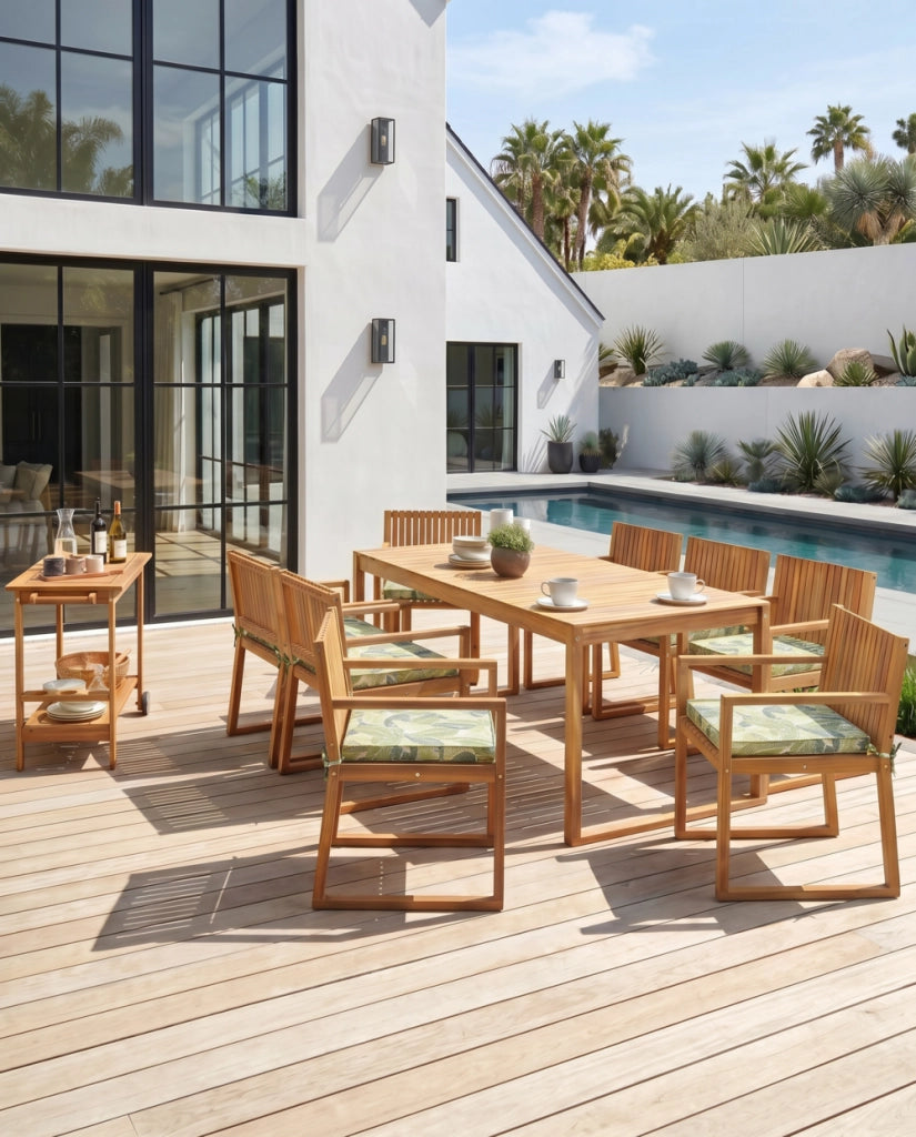 Set di 8 sedie da giardino in legno di acacia chiaro certificato con cuscini verdi resistenti all'acqua