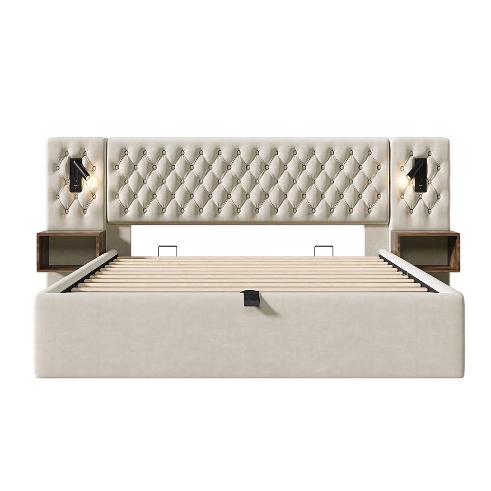 Letto con contenitore e materasso - Xylo - 160x200 cm - Velluto Beige - Luci di lettura e ricarica USB