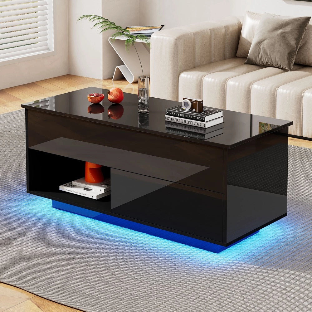 Tavolino da Caff¨¨ con LED e Piano Sollevabile ¨C MINIMAL ¨C Nero, 100x50x55 cm