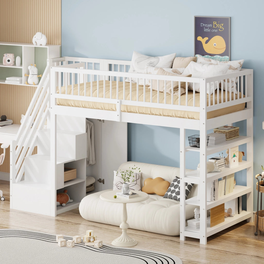 Letto a castello bianco con funzione contenitiva in legno massello 90x200 cm