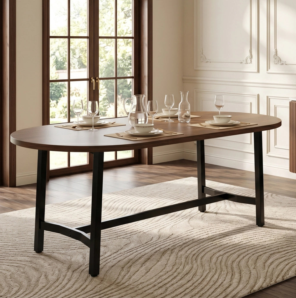 Tavolo da pranzo 180x80 cm con angoli arrotondati; in MDF e ferro; colore noce
