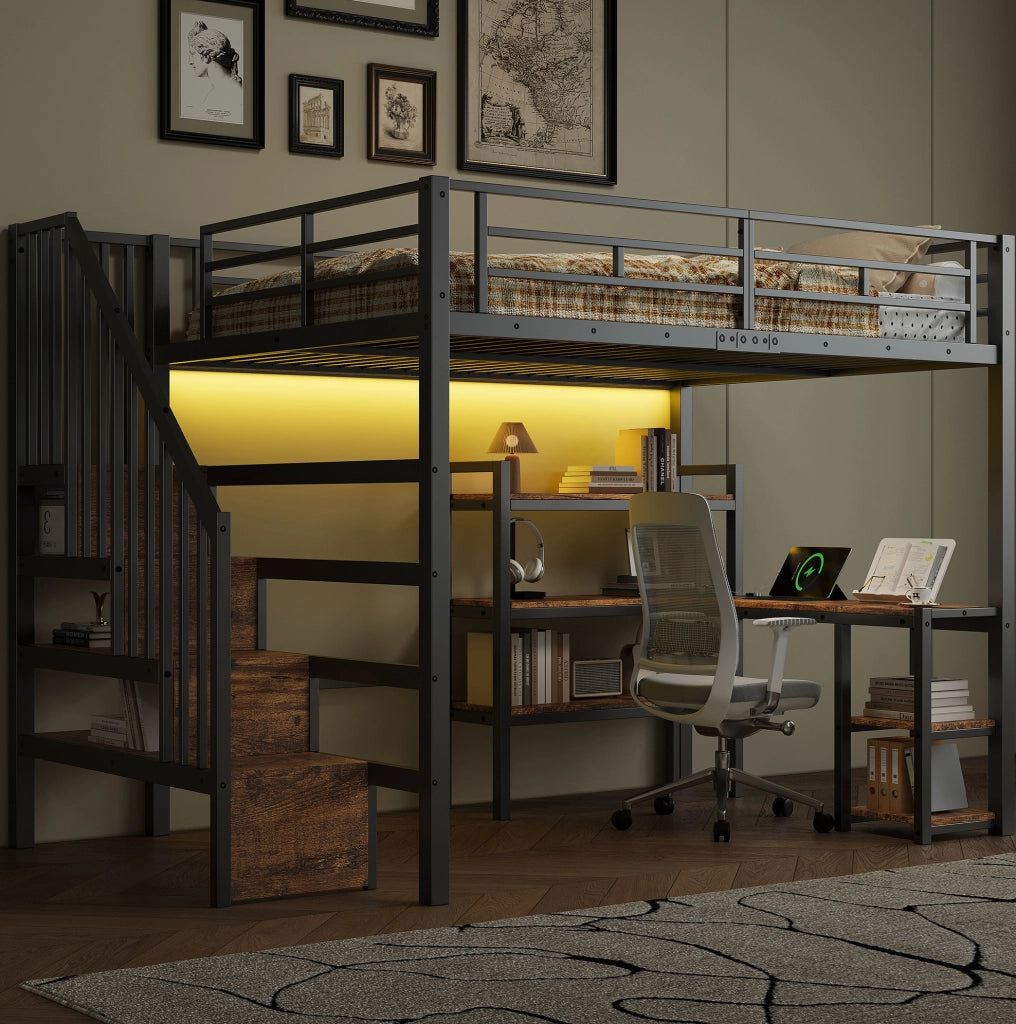 Letto a soppalco matrimoniale 140x200 cm con scrivania; scale contenitore; LED; nero