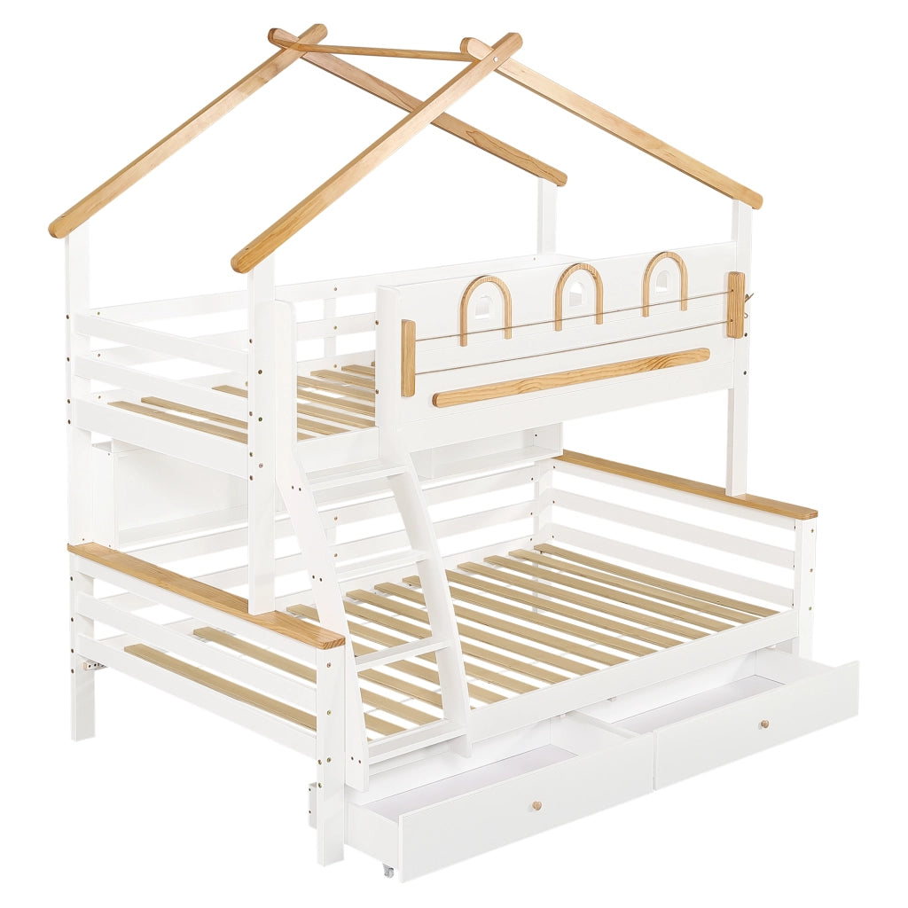 Letto a Castello 90x200 cm e 120x200 cm con 2 Cassetti; Scala e Mensola; Bianco Naturale
