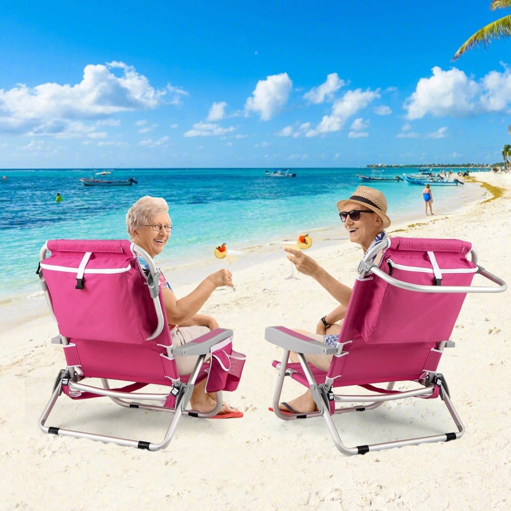 Sedia da Spiaggia, Sdraio Pieghevole a 5 Posizioni con Portabicchieri, Poltrona da Spiaggia con Cuscino per Testa e Zaino, Sedia da Campeggio Portatile, Portata 150 kg (Rosa,1)
