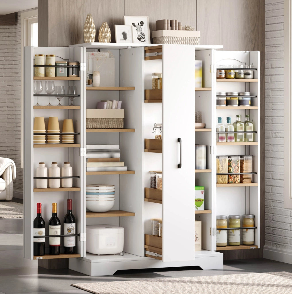 Armadio multiuso da cucina in MDF bianco con ripiani regolabili e vano estraibile