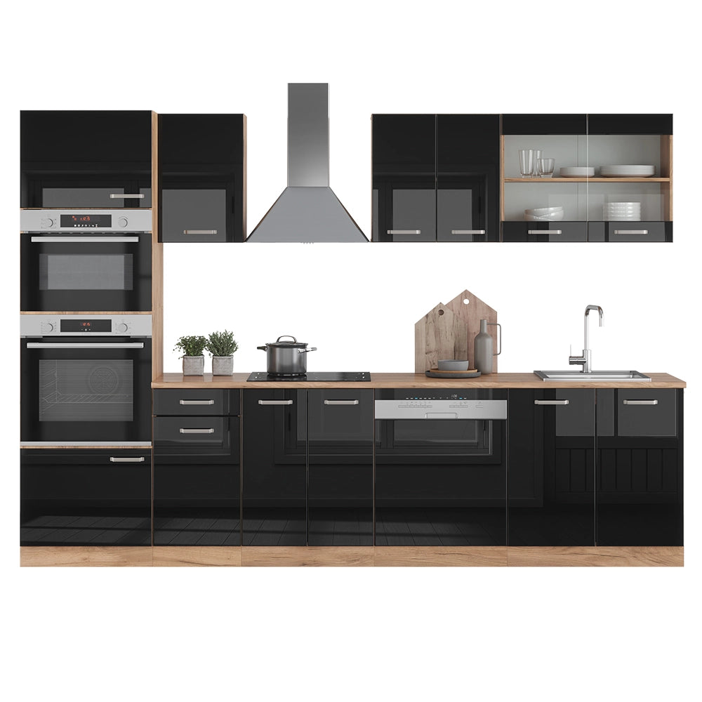 Vicco Cucina componibile Rovere nero/oro lucido 300 cm con armadio alto, PL Antracite
