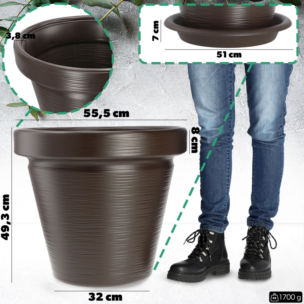 Vaso da giardino KADAX per fiori, con coperchio e sottovaso, grande, marrone, 55 cm