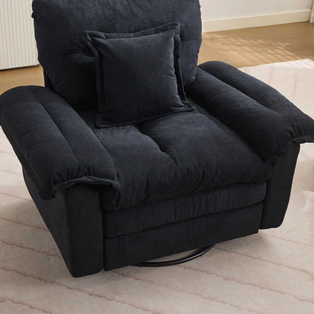 Poltrona girevole 360° in ciniglia con cuscino di supporto e base in metallo nero per lettura 116 × 84 × 96 cm