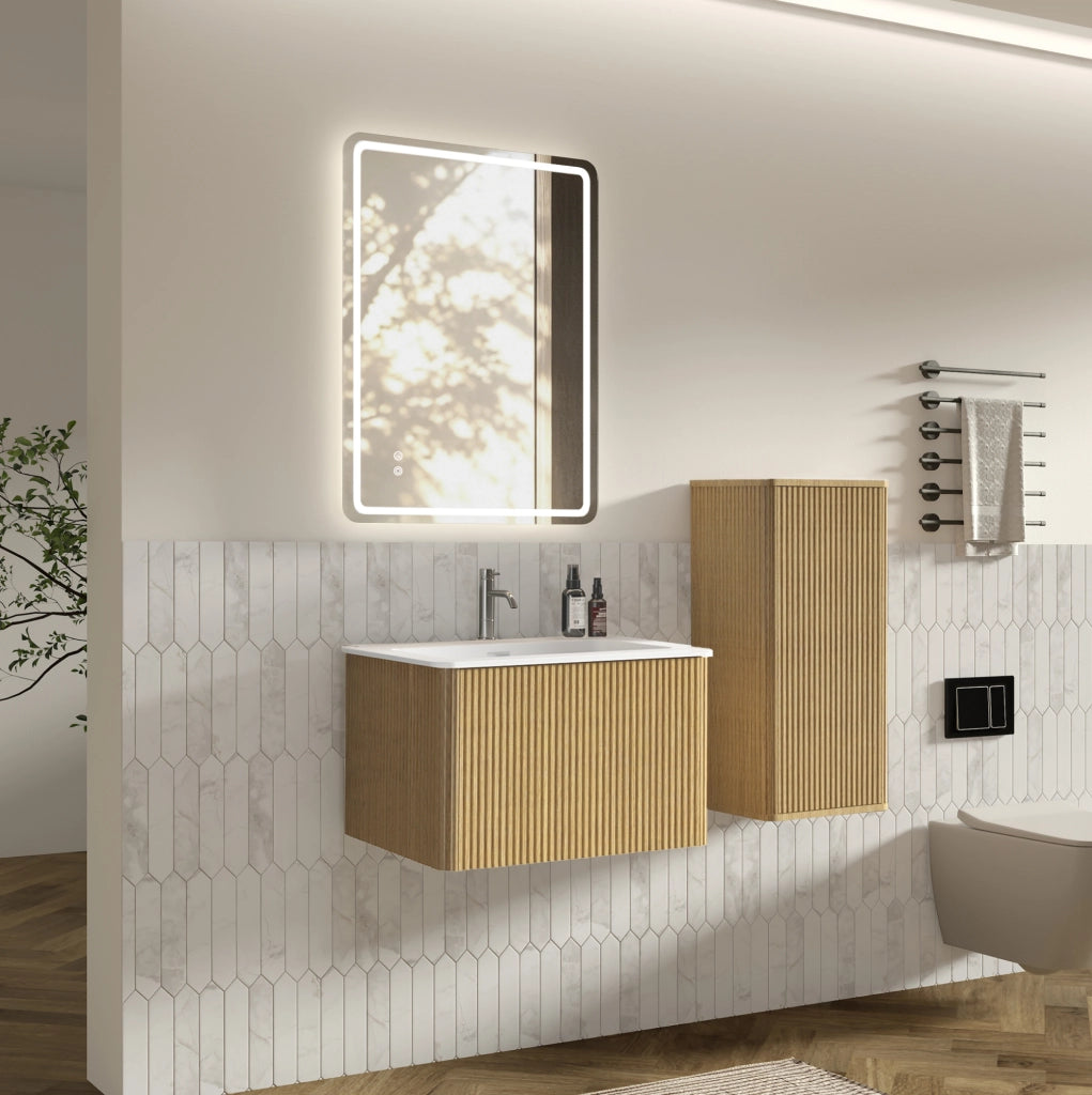 Set mobili bagno sospeso rovere con lavabo; specchio LED e colonna